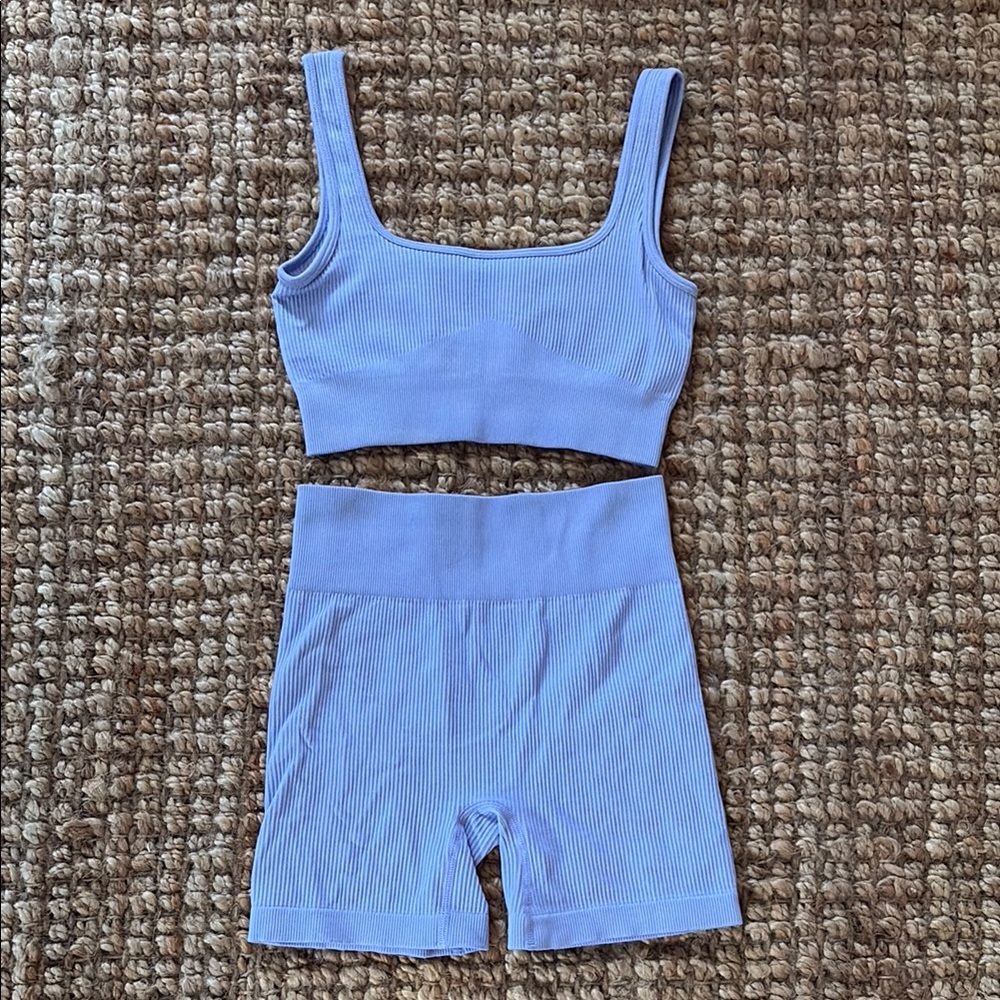 Lavender Ribbed Biker Shorts & Bra Set